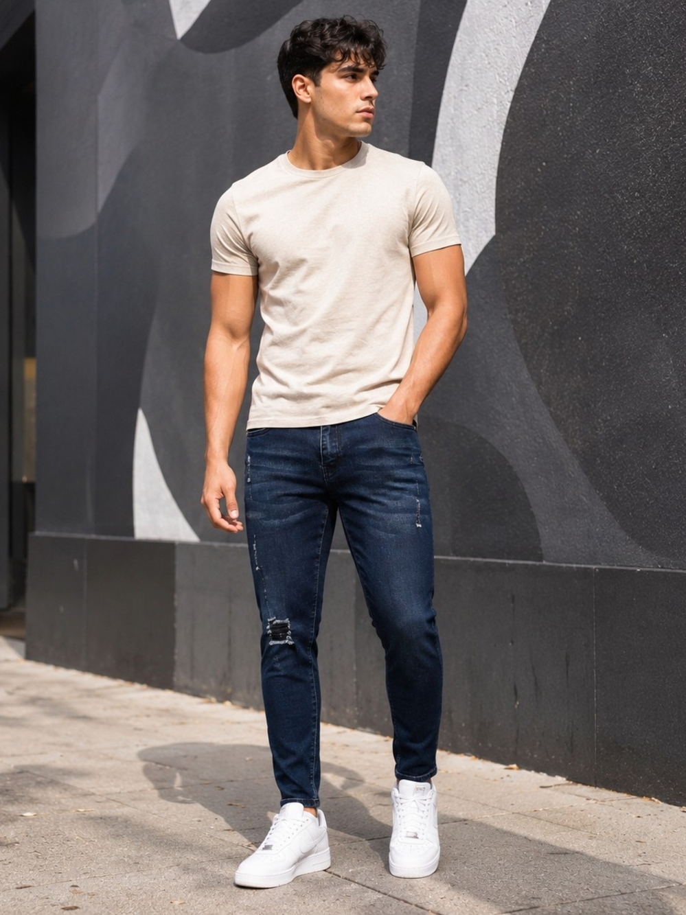 Men's Slim Fit Dark Blue Distressed Jeans